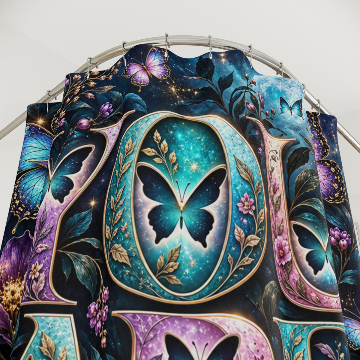 A close-up of a decorative textile or curtain panel featuring a fantasy floral and butterfly print. The design includes large stylized numerals or letterforms in dark navy, teal, purple, and pink, decorated with glowing butterflies, flowers, leaves, and star-like sparkles.