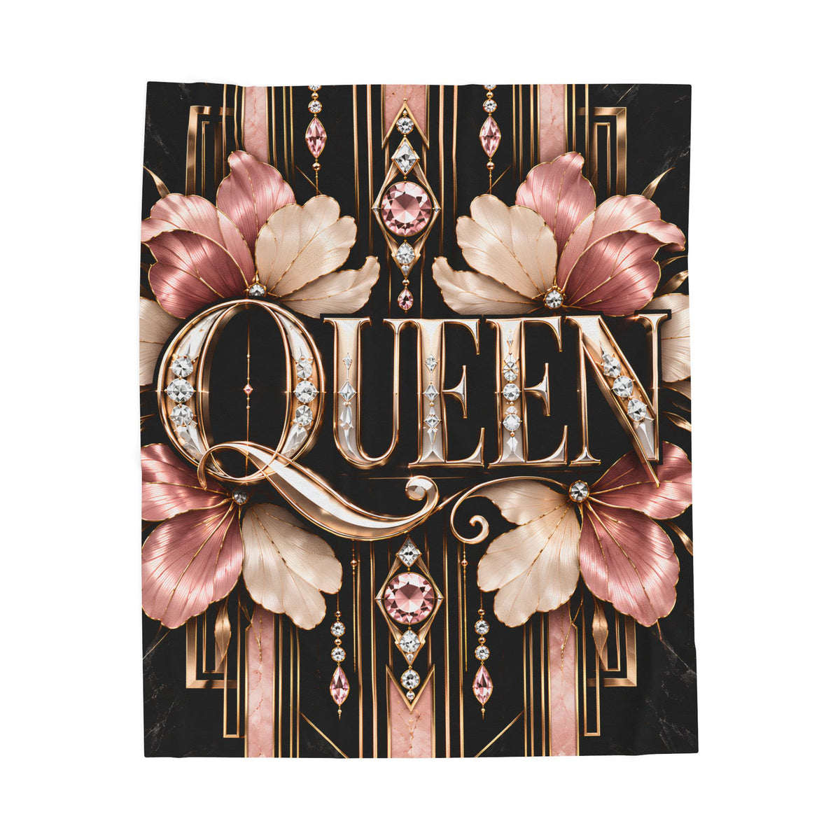 A rectangular decorative blanket featuring the word "QUEEN" in large ornate metallic lettering, surrounded by pink and beige Art Deco-style flowers and geometric details on a black background, shown against a plain white studio backdrop.