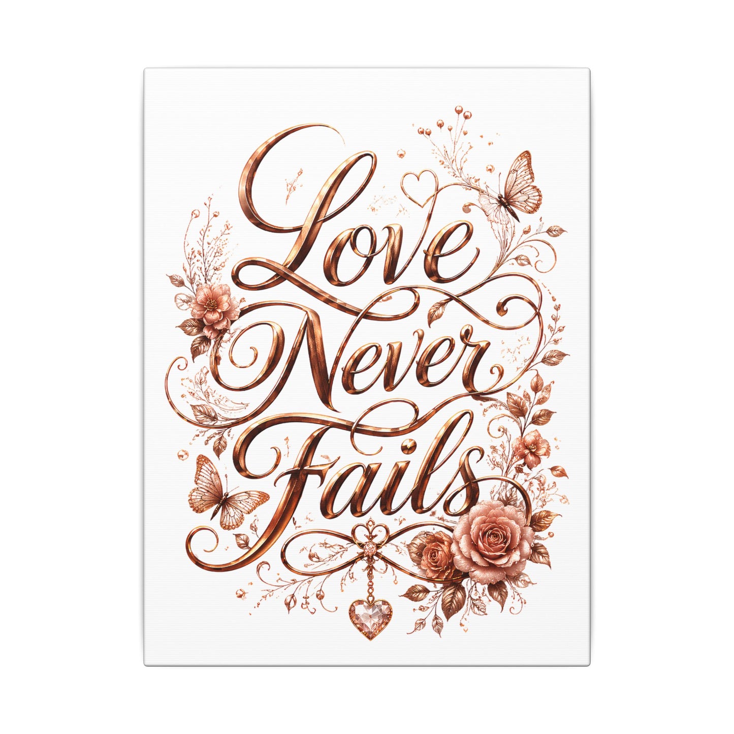 Love Never Fails Floral Canvas Wall Art — Romantic Rose Gold Typography