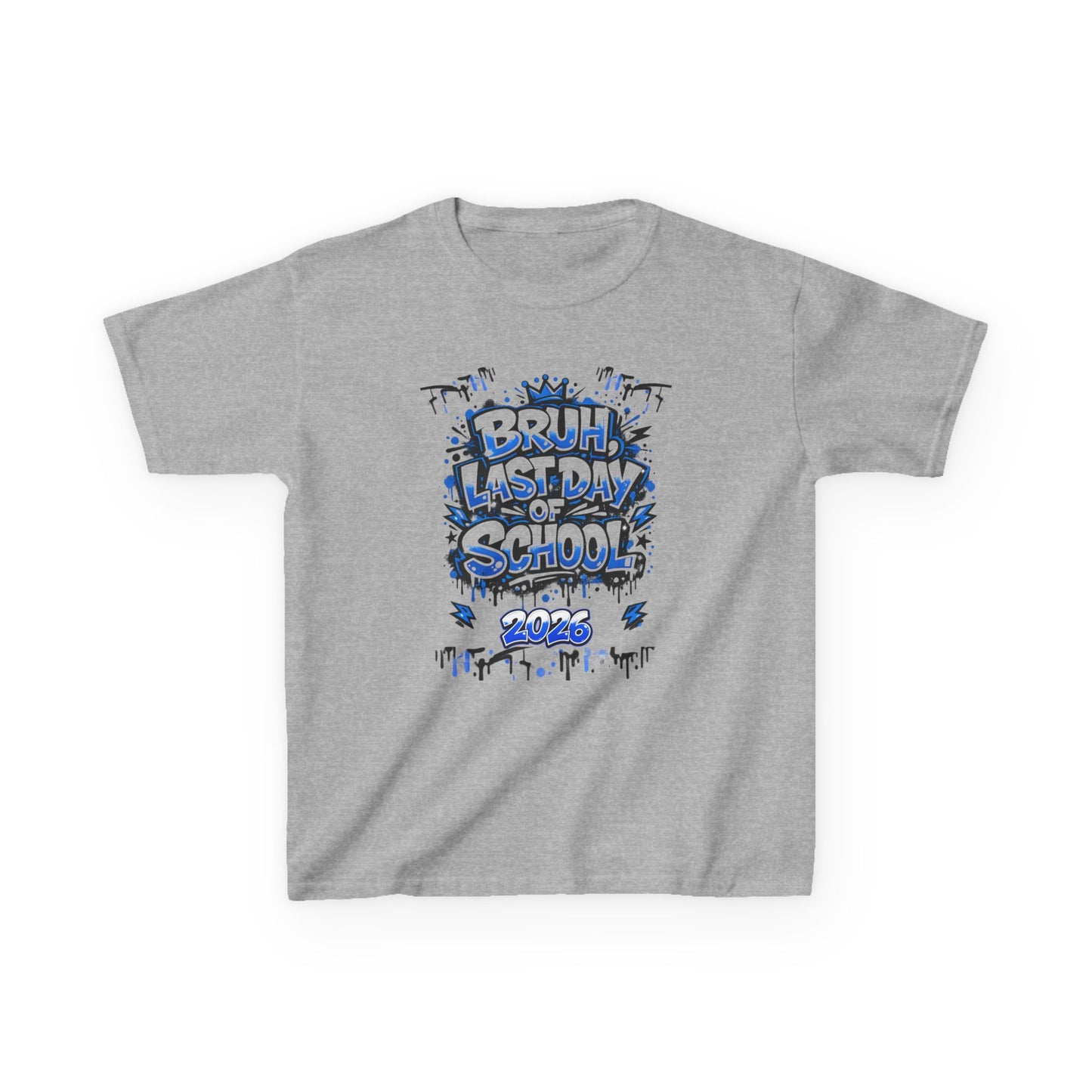 Gray t-shirt with 'Bruh, Last Day of School 2023' text design on a white background