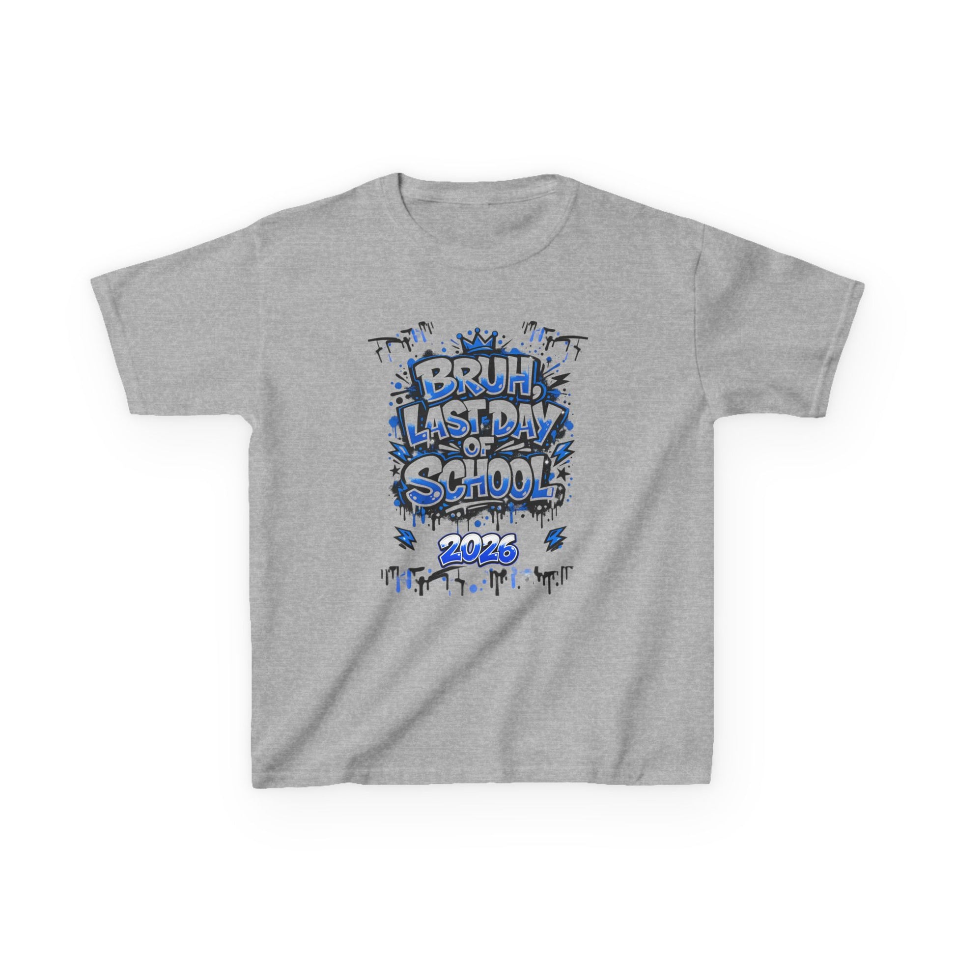 Gray t-shirt with 'Bruh, Last Day of School 2023' text design on a white background