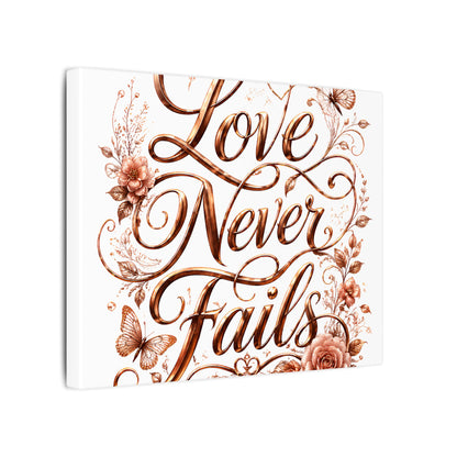 Love Never Fails Floral Canvas Wall Art — Romantic Rose Gold Typography