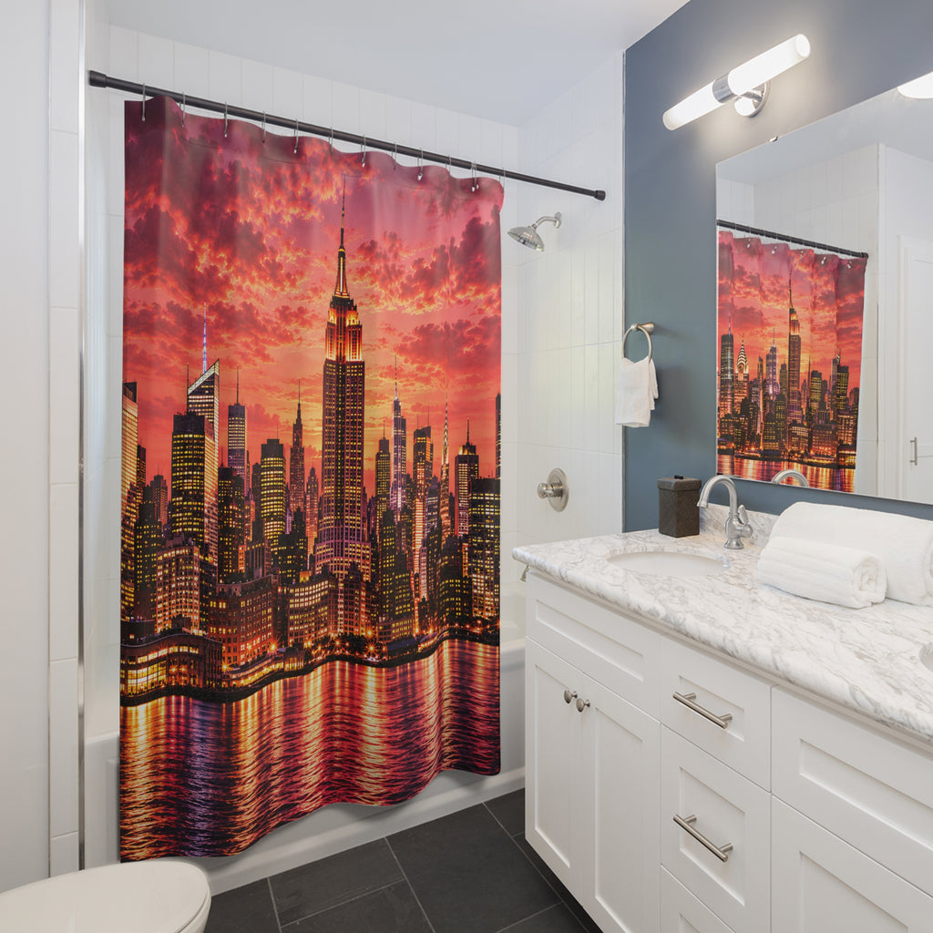 **New York City Skyline at Sunset – Luxury Pink & Gold Manhattan Cityscape Shower Curtain | Empire State Building Urban Glam Bathroom Décor**