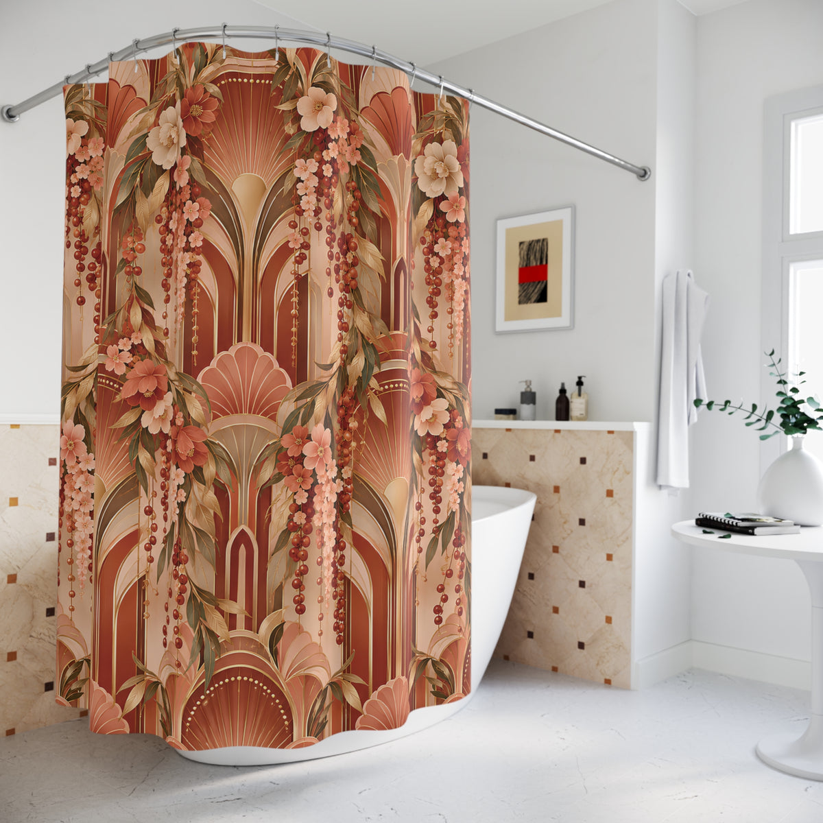 \Vintage Peach & Terracotta Botanical Floral Shower Curtain