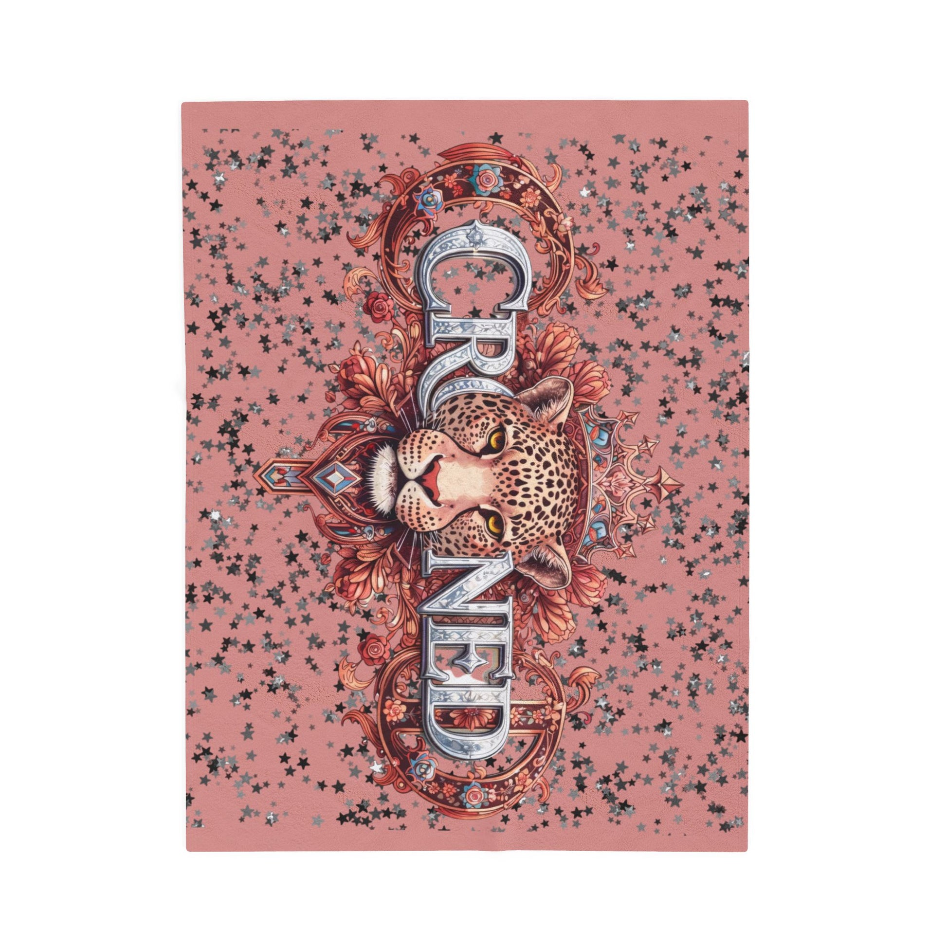 Decorative throw blanket with a leopard design and floral elements on a pink background