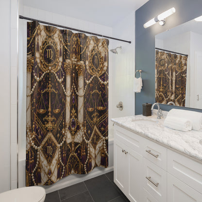 Bathroom with decorativeVirgo Zodiac  shower curtain featuring gold and black design.