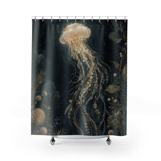 A shower curtain featuring a dark underwater scene with a large glowing jellyfish and botanical elements in warm beige and gold tones, shown hanging over a white tub against a light gray studio background.