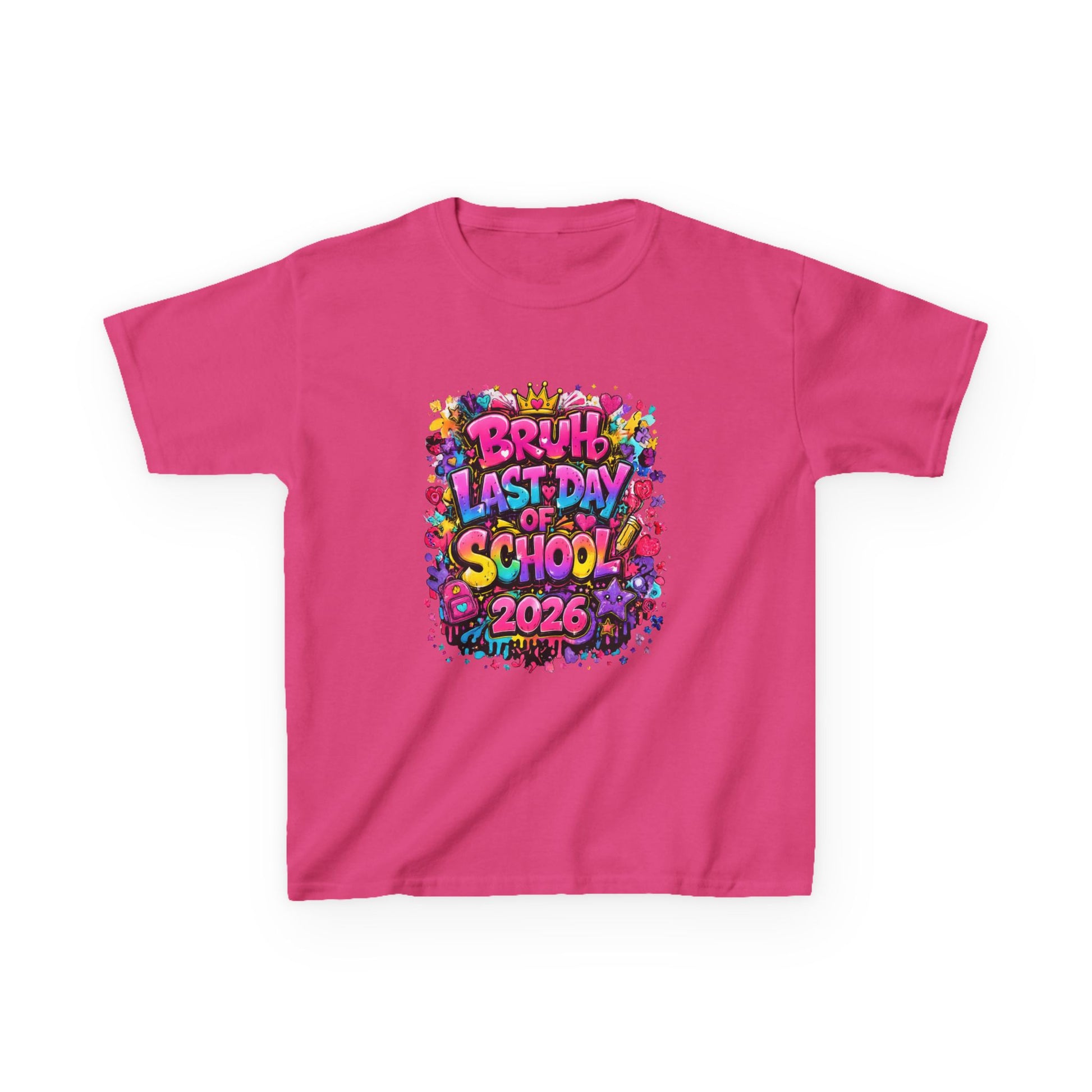 Pink t-shirt with colorful 'Last Day of School 2026' design on a white background