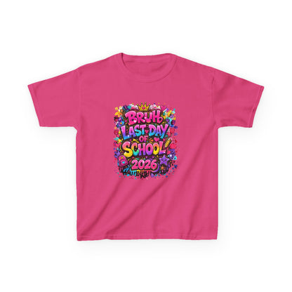 Pink t-shirt with colorful 'Last Day of School 2026' design on a white background