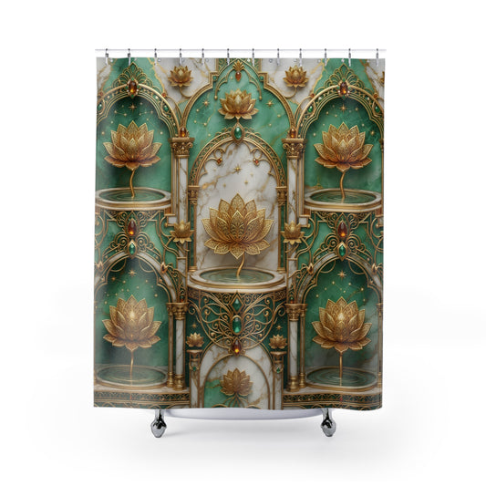 A shower curtain featuring an ornate teal and gold architectural design with multiple golden lotus flowers, shown hanging from silver hooks on a white background.