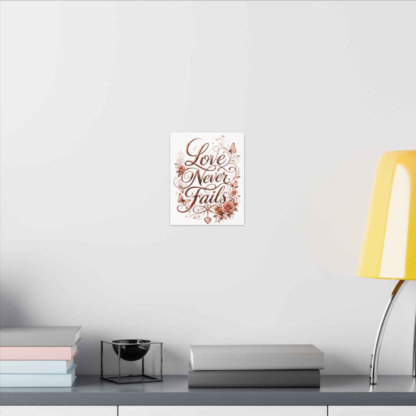Love Never Fails Floral Canvas Wall Art — Romantic Rose Gold Typography