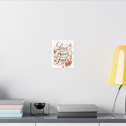 Love Never Fails Floral Canvas Wall Art — Romantic Rose Gold Typography