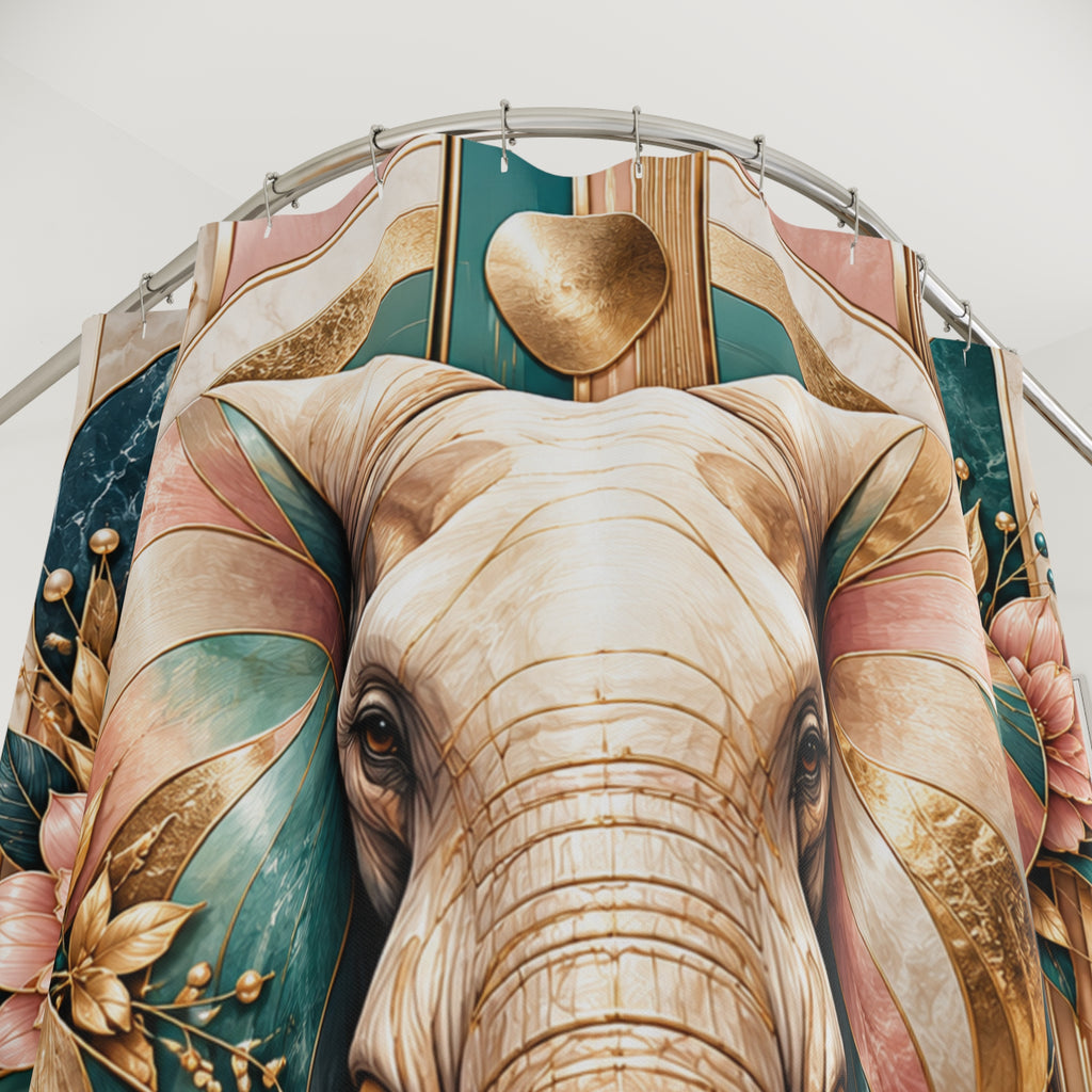 A close-up of a large decorative elephant head artwork mounted on a curved wall, featuring cream, gold, teal, pink, and brown tones with floral and leaf motifs.