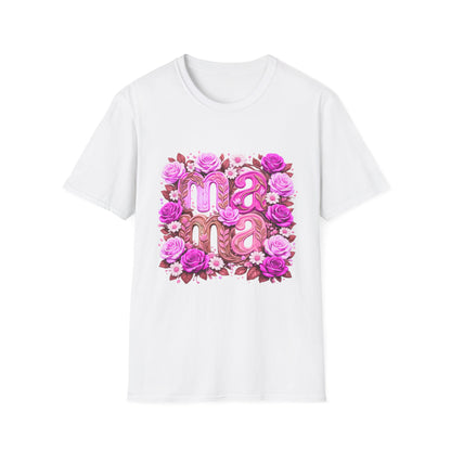 White t-shirt with 'mama' design featuring pink flowers on a white background