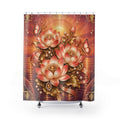 A shower curtain featuring a luxurious Art Deco style design with three large coral and peach lotus flowers, gold ribbons, butterflies, and a warm orange-gold sunburst background. The curtain is shown hanging from silver hooks on a white rod, with a white tub edge visible at the bottom.