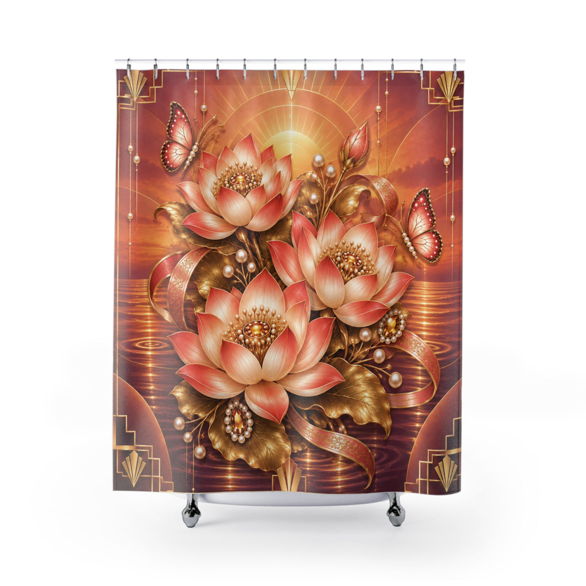 A shower curtain featuring a luxurious Art Deco style design with three large coral and peach lotus flowers, gold ribbons, butterflies, and a warm orange-gold sunburst background. The curtain is shown hanging from silver hooks on a white rod, with a white tub edge visible at the bottom.