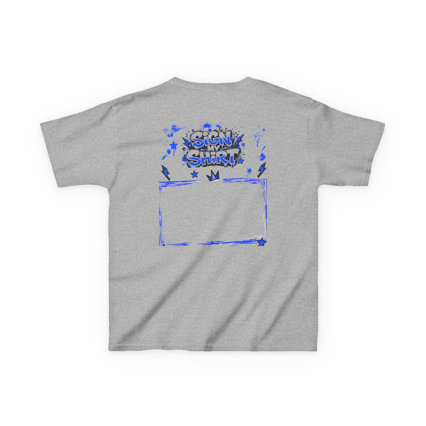 Gray t-shirt with blue graphic design on a white background