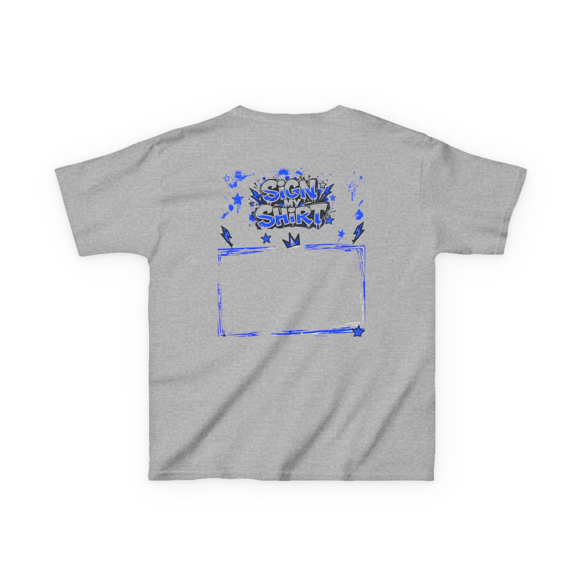 Gray t-shirt with blue graphic design on a white background