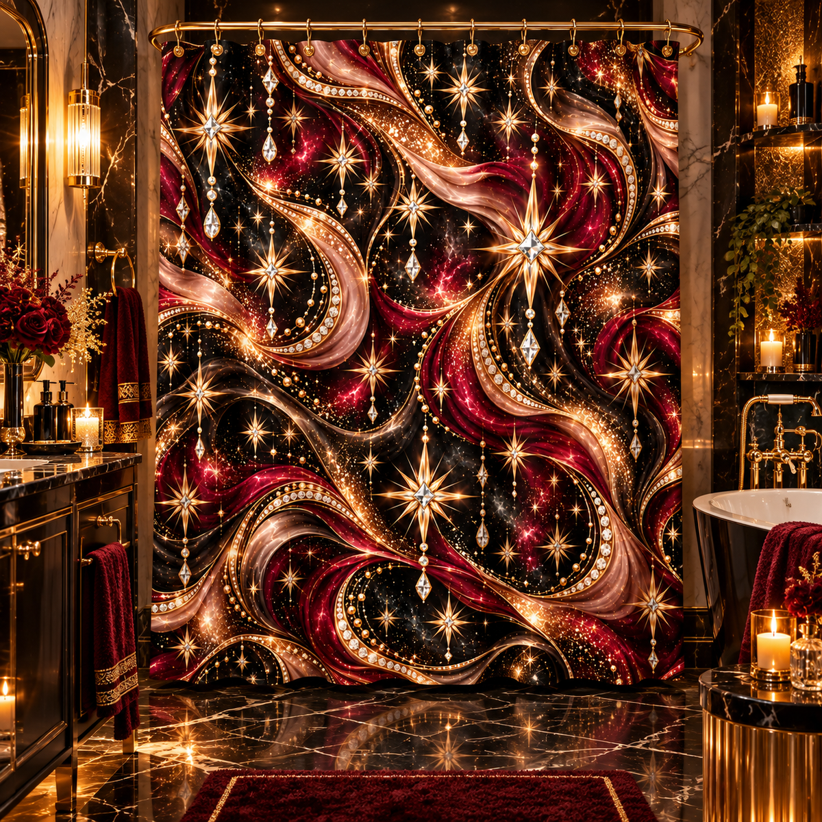 Celestial Glam Shower Curtain — Gold & Burgundy Starburst Bathroom Decor