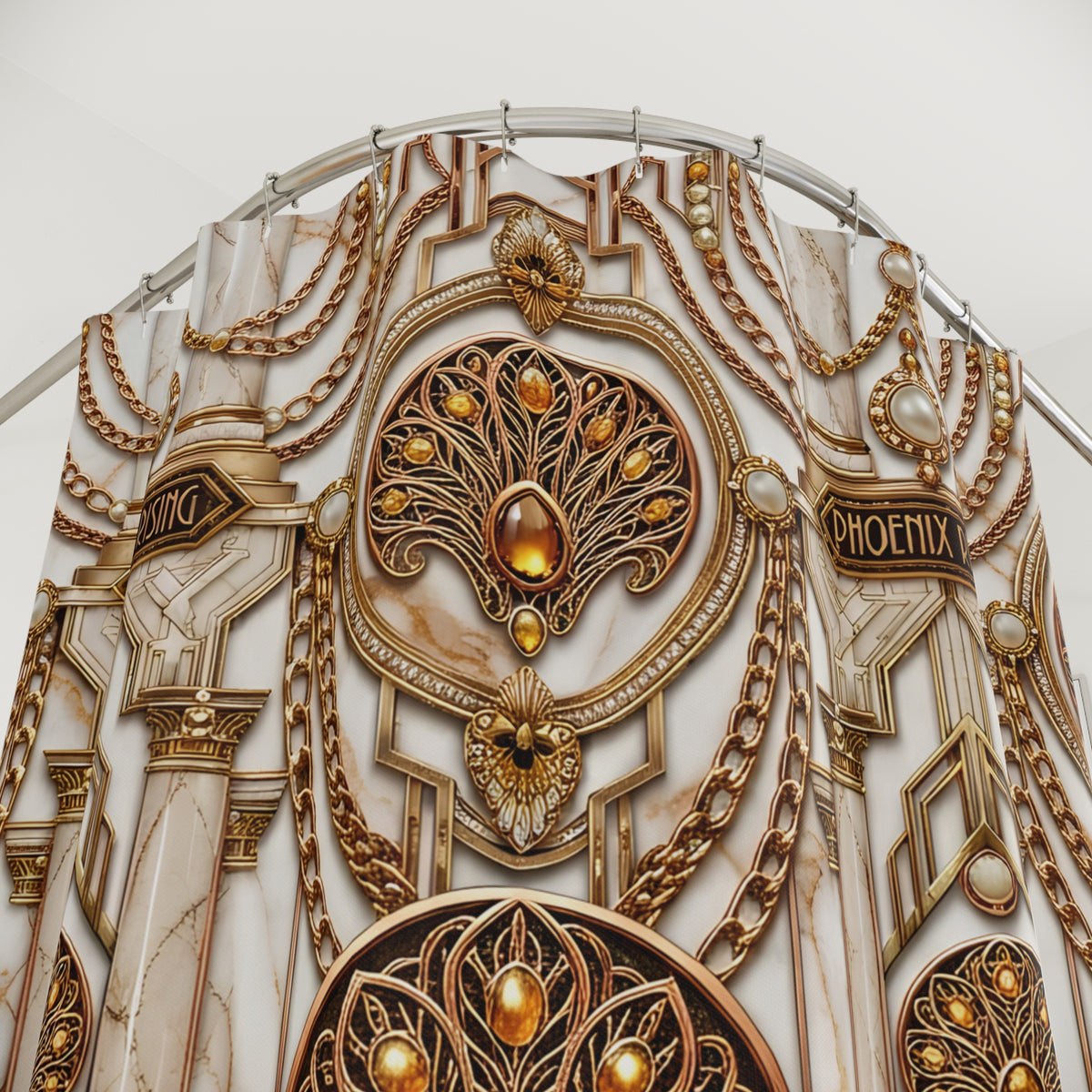 An ornate decorative shower curtain  featuring an Art Deco style design with gold chains, cream marble-like columns, and phoenix motifs, with the word 'PHOENIX' visible on the right side.