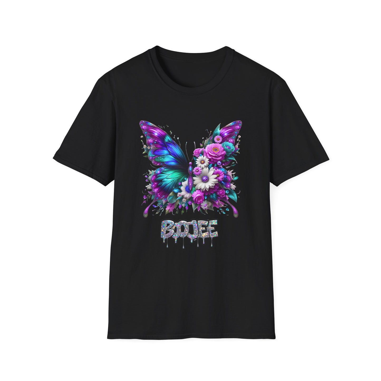 Black t-shirt with a colorful butterfly design and ''BOOjEE' text on a white background