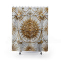 A shower curtain featuring an ornate Art Deco style design with gold sunburst medallions, draped chains, and columns on a light gray marble-textured background, shown hanging from silver hooks over a white tub.