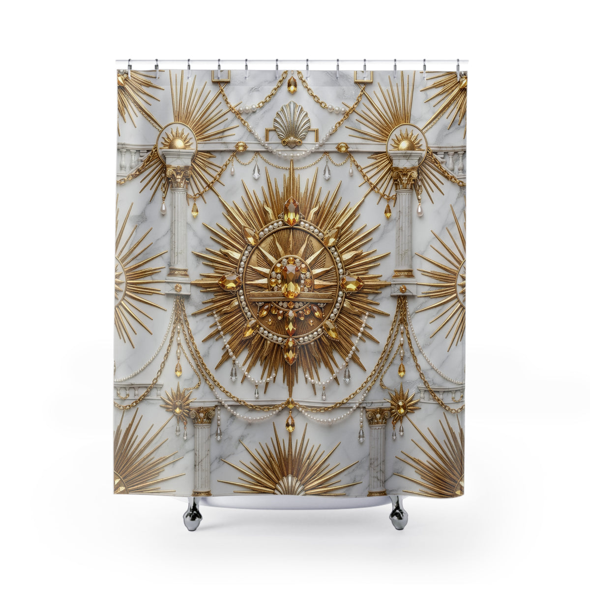 A shower curtain featuring an ornate Art Deco style design with gold sunburst medallions, draped chains, and columns on a light gray marble-textured background, shown hanging from silver hooks over a white tub.