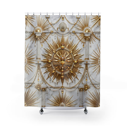 A shower curtain featuring an ornate Art Deco style design with gold sunburst medallions, draped chains, and columns on a light gray marble-textured background, shown hanging from silver hooks over a white tub.