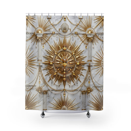 A shower curtain featuring an ornate Art Deco style design with gold sunburst medallions, draped chains, and columns on a light gray marble-textured background, shown hanging from silver hooks over a white tub.