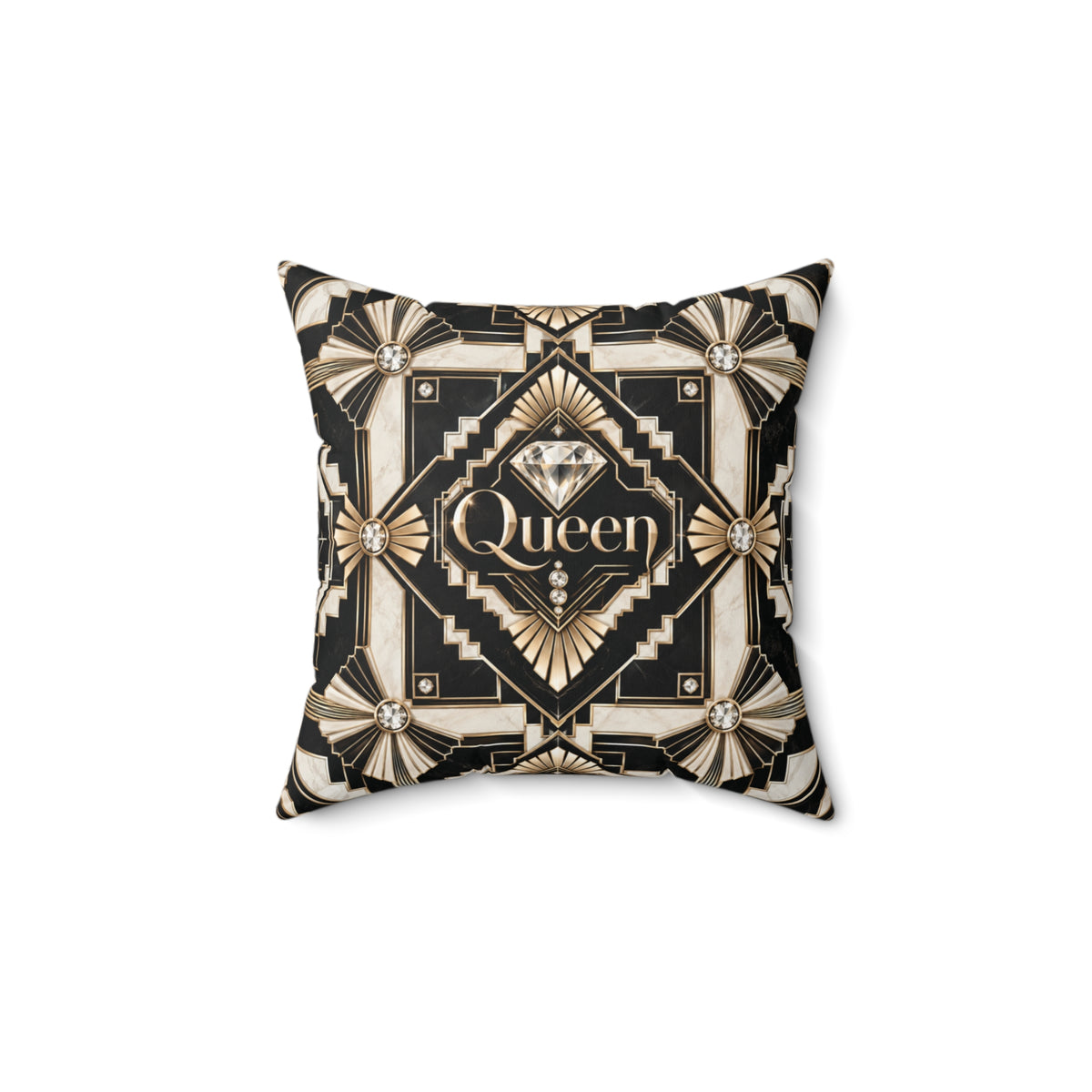 A square decorative throw pillow featuring an Art Deco style design in black, beige, and gold, with the word 'Queen' and a diamond graphic in the center, shown on a plain white background.