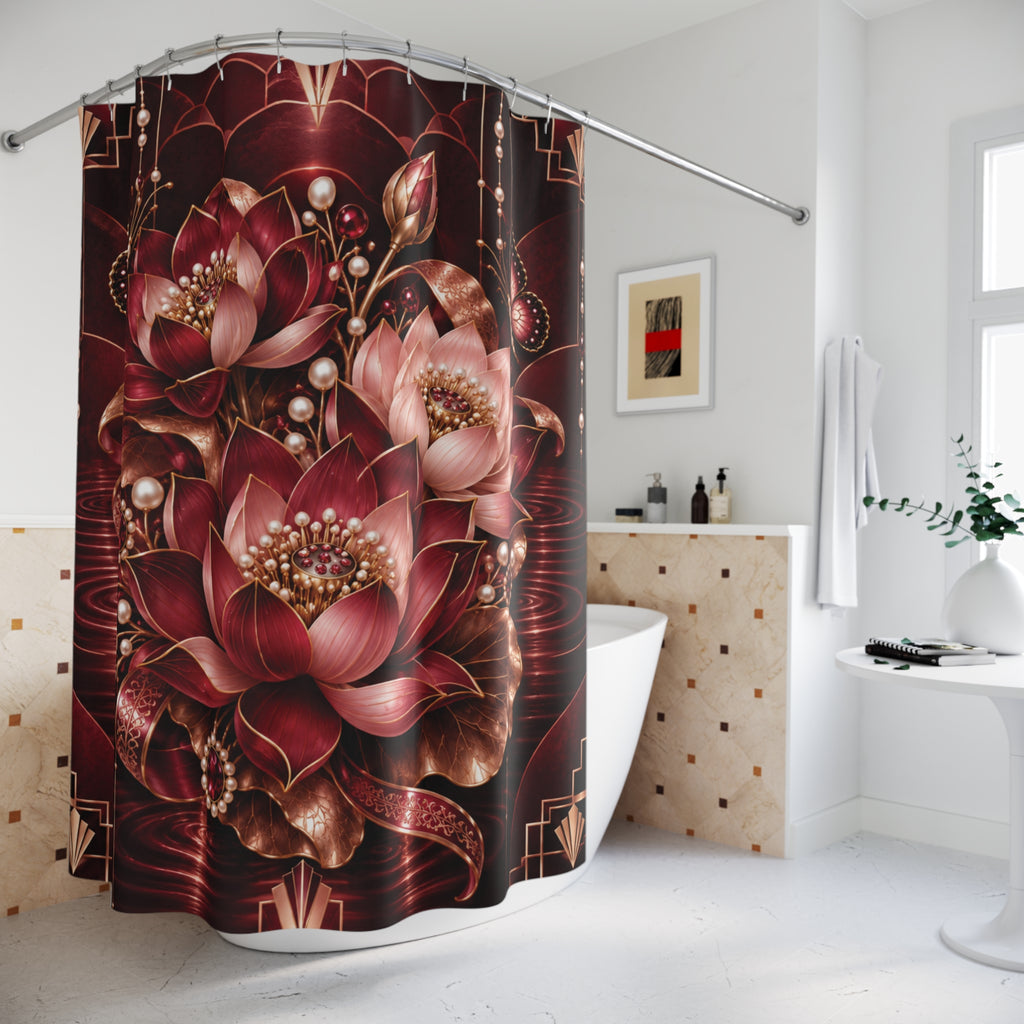 Burgundy Floral Lotus Shower Curtain — Elegant Pearl & Art Deco Bathroom Decor