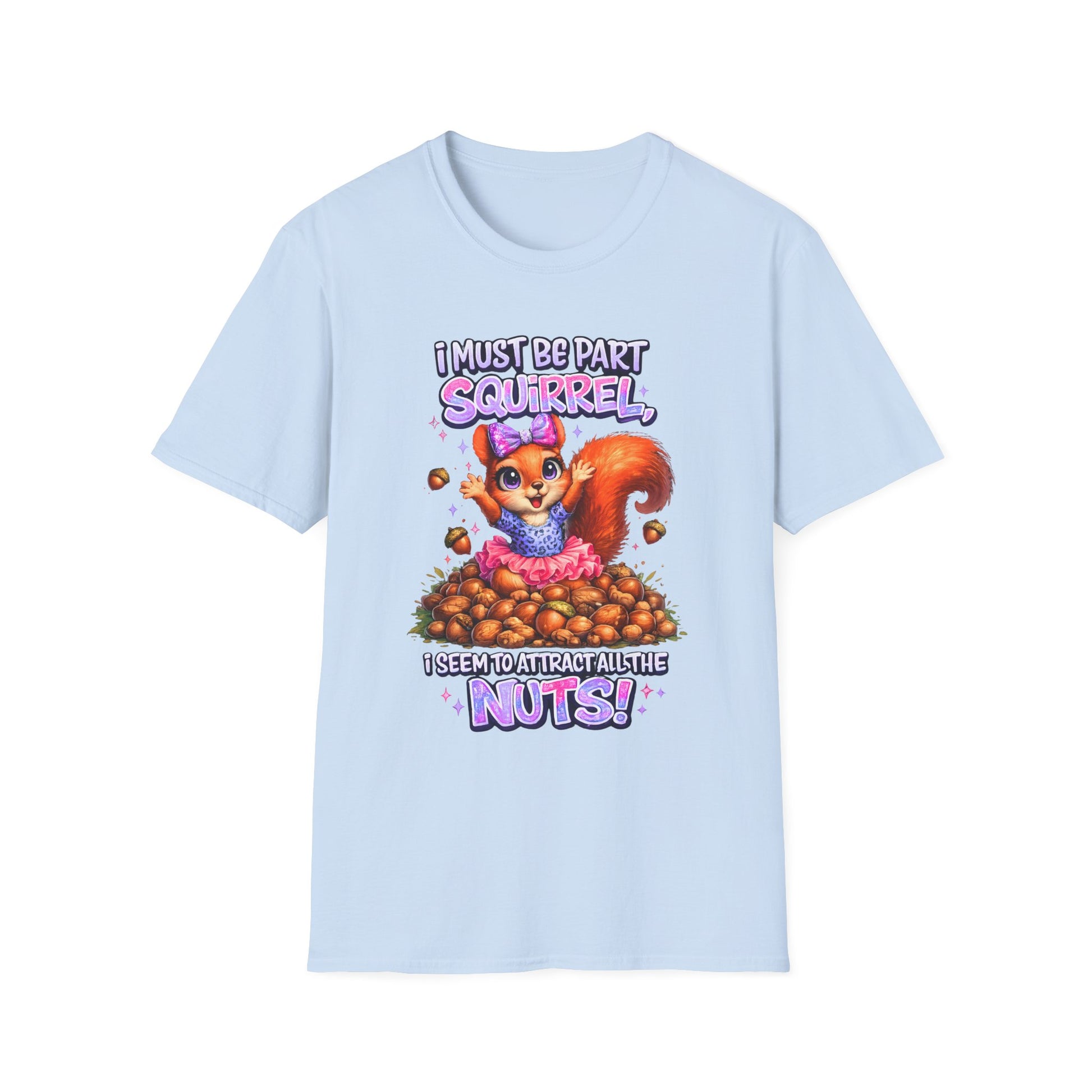 Light blue t-shirt with a cartoon squirrel graphic and text on a white background