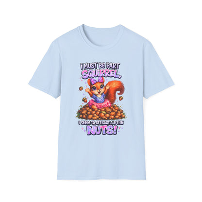 Light blue t-shirt with a cartoon squirrel graphic and text on a white background