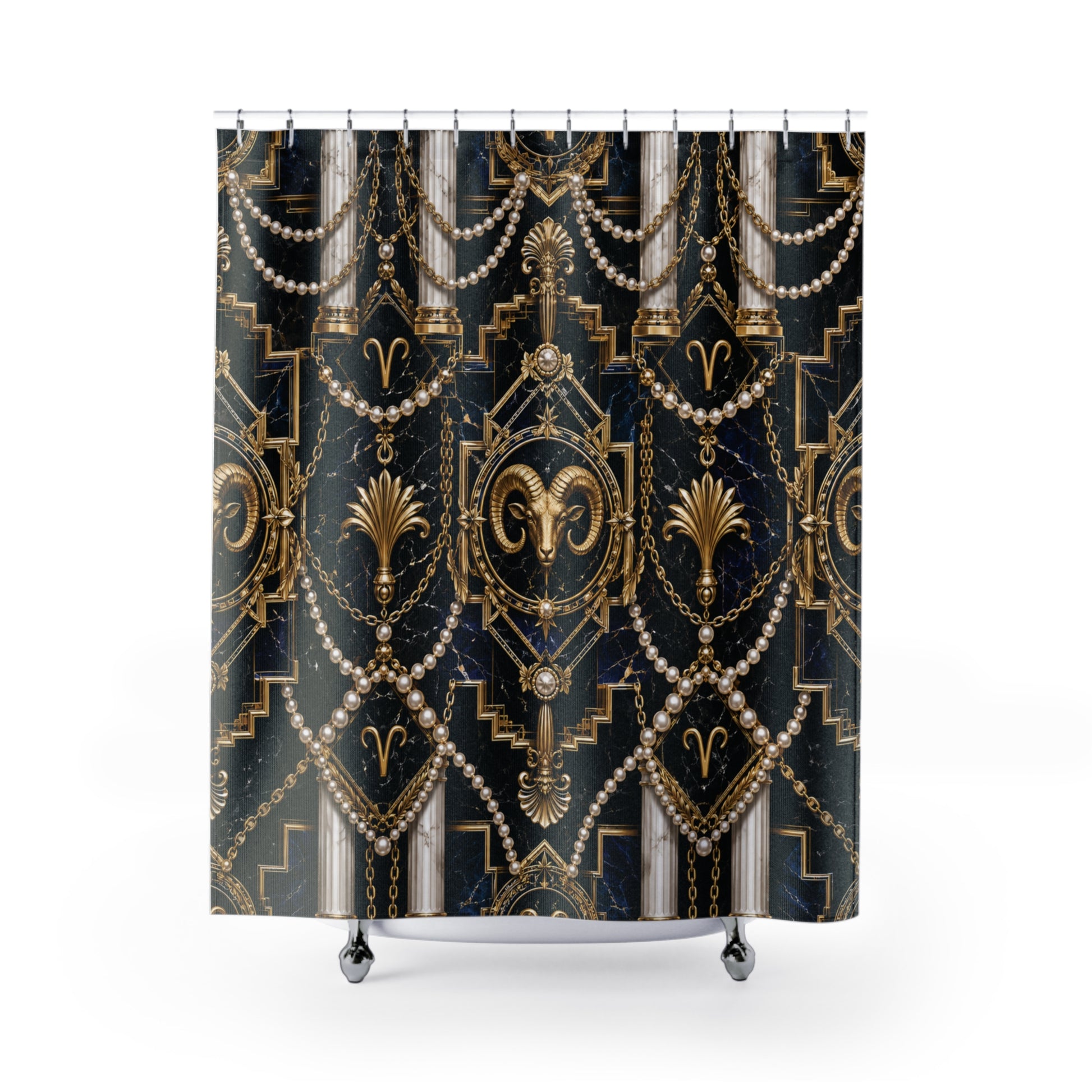 Decorative shower curtain with gold and pear Aries zodiac pattern on a black background