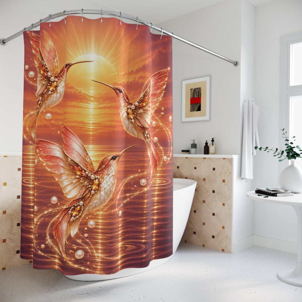 A shower curtain featuring a vibrant artistic print of three hummingbirds flying over water at sunset, shown hanging in a modern white bathroom next to a bathtub.
