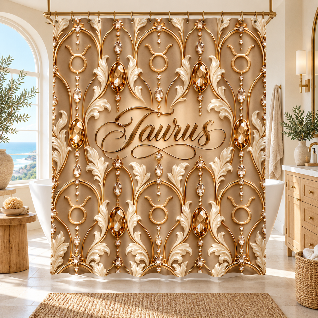 A luxury shower curtain featuring a gold and beige baroque-style damask shower curtain with hanging gemstone motifs and the word 'Taurus' in script at the center, shown hanging in a bright bathroom setting.