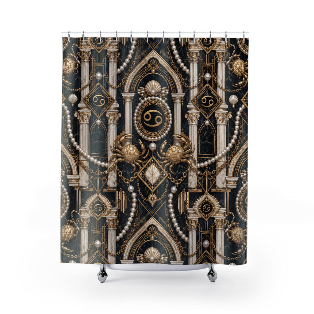 Decorative shower curtain with intricate gold and black design on a white background