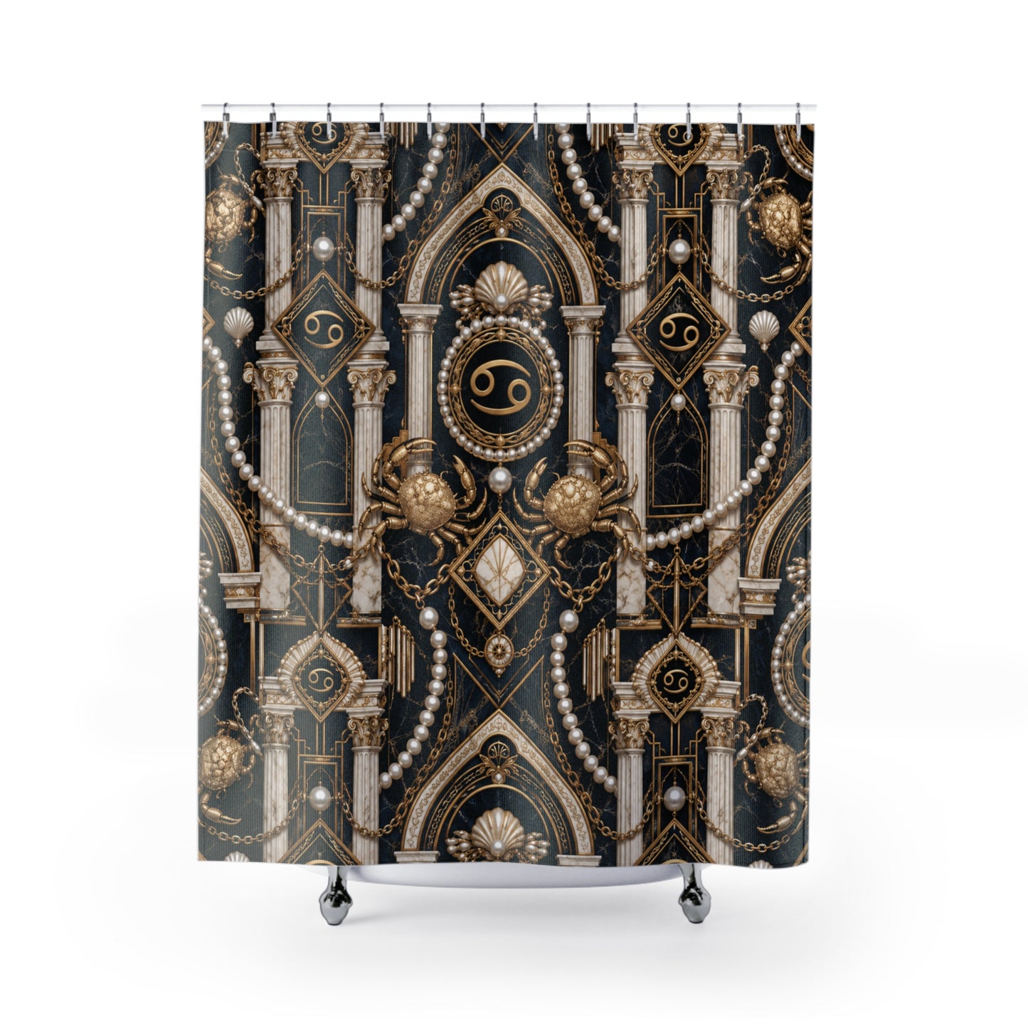 Decorative shower curtain with intricate gold and black design on a white background
