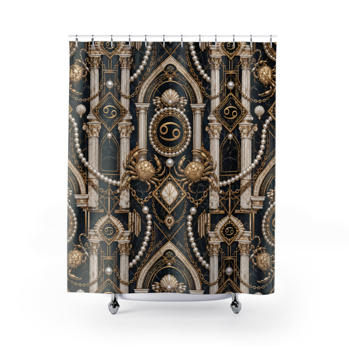 Decorative shower curtain with intricate gold and black design on a white background