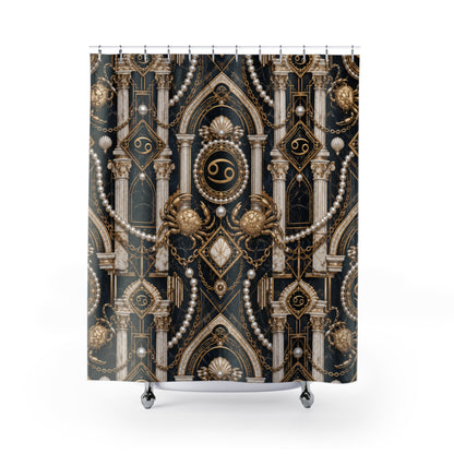 Decorative shower curtain with intricate gold and black design on a white background