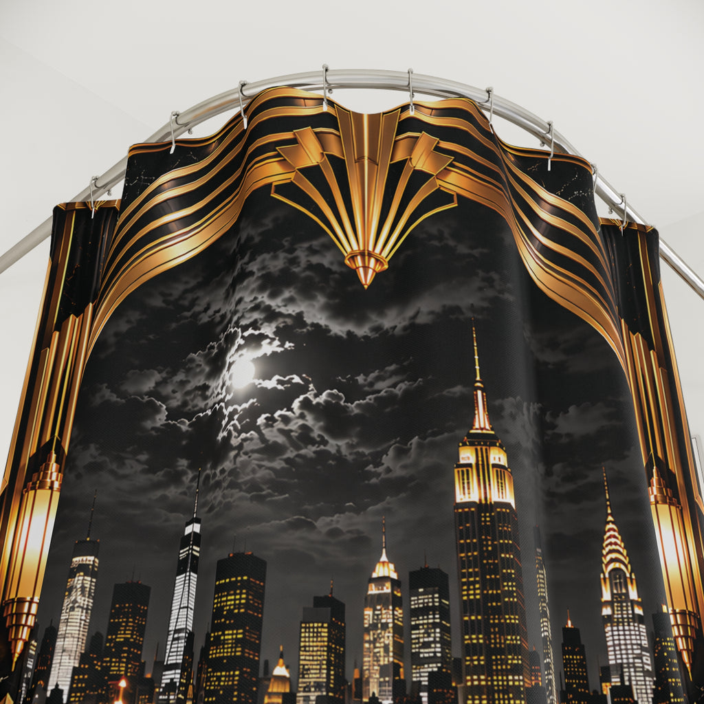 Manhattan Night Skyline Black and Gold  Luxury Art Deco Shower Curtain