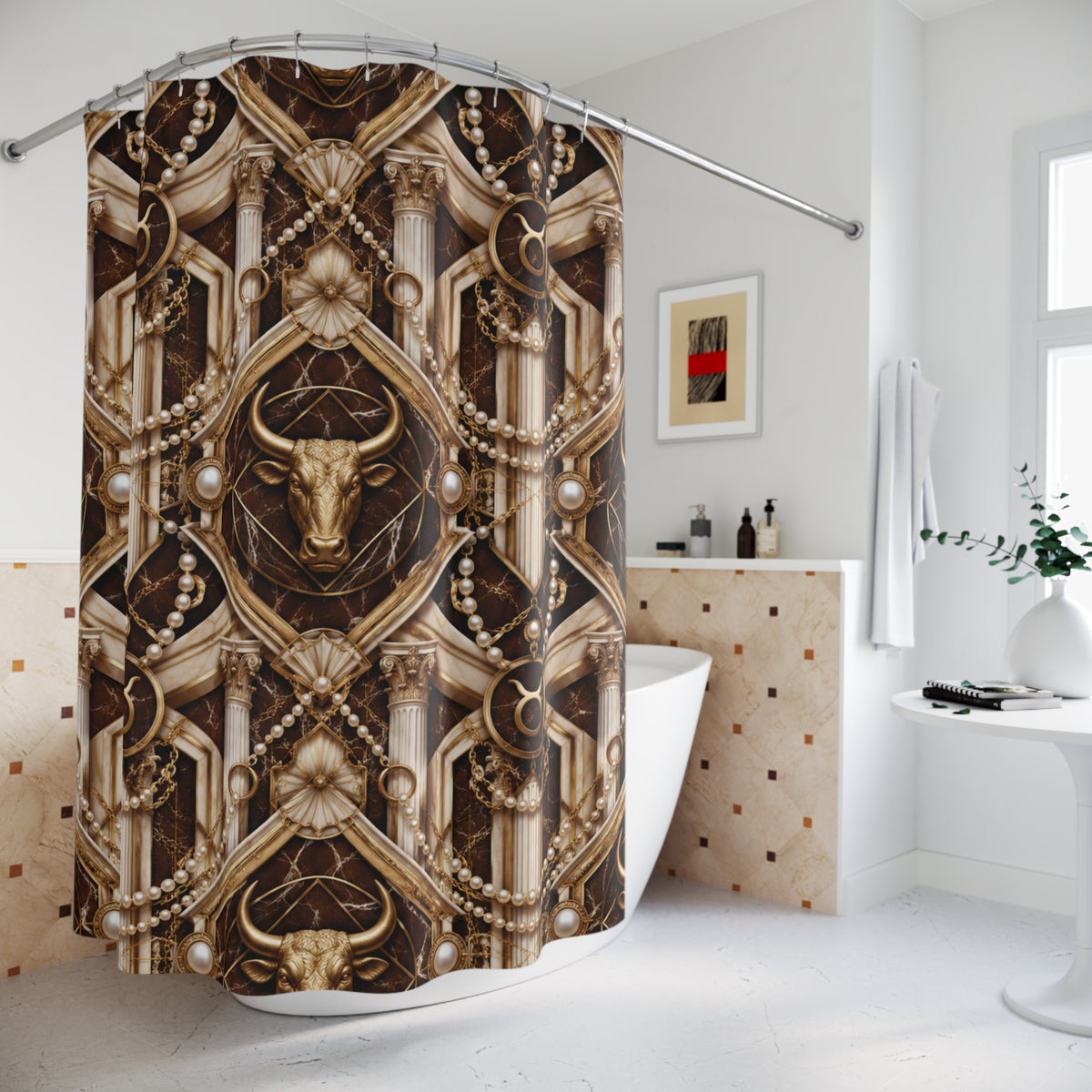 Decorative shower curtain with bull head design in a modern bathroom