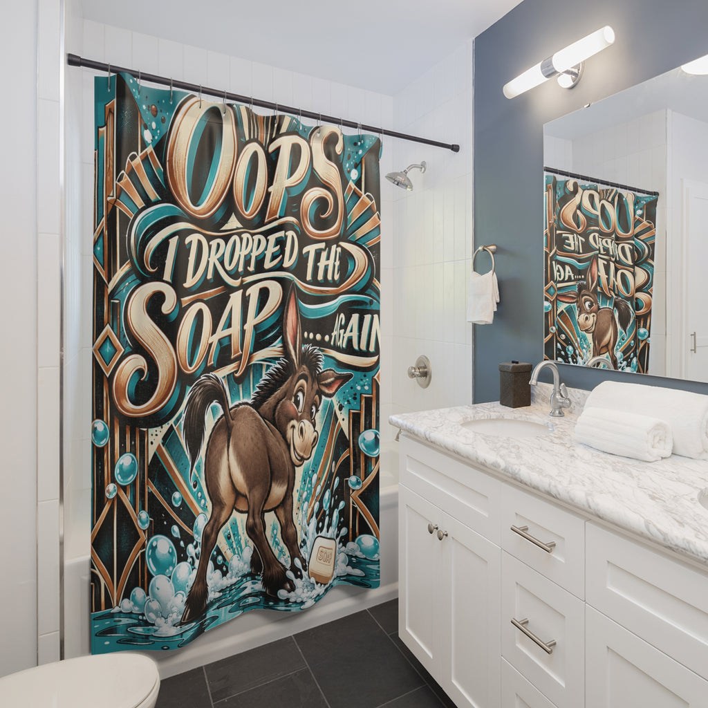 A colorful bathroom shower curtain featuring a cartoon donkey and the text 'Oops I Dropped The Soap .