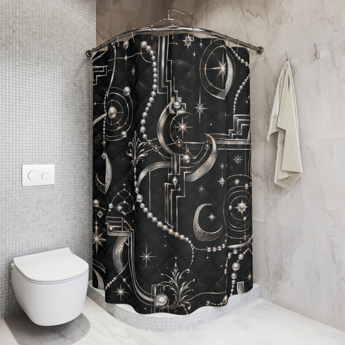 A black shower curtain with a white celestial art deco pattern featuring crescent moons, stars, and pearl-like beads, hanging in a modern tiled bathroom next to a toilet and with a towel on the wall.
