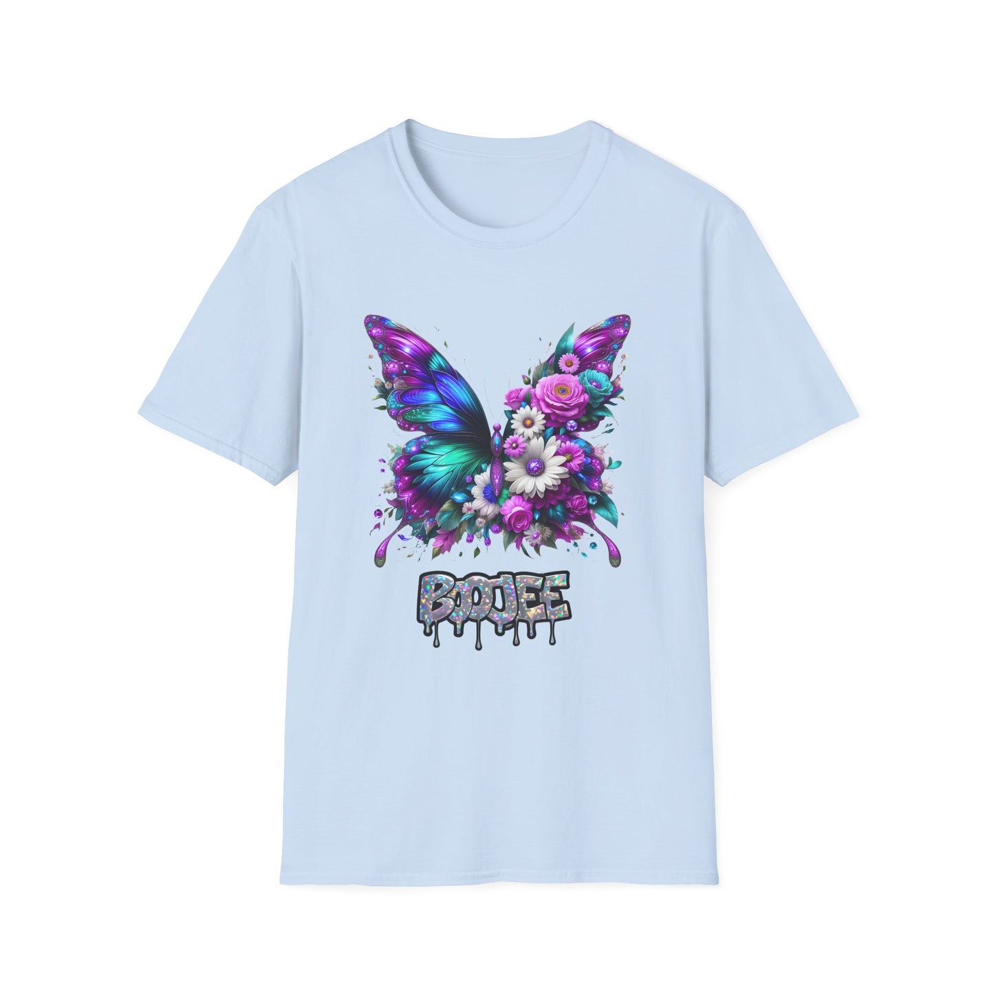 Light blue t-shirt with a colorful butterfly and floral design on a white background