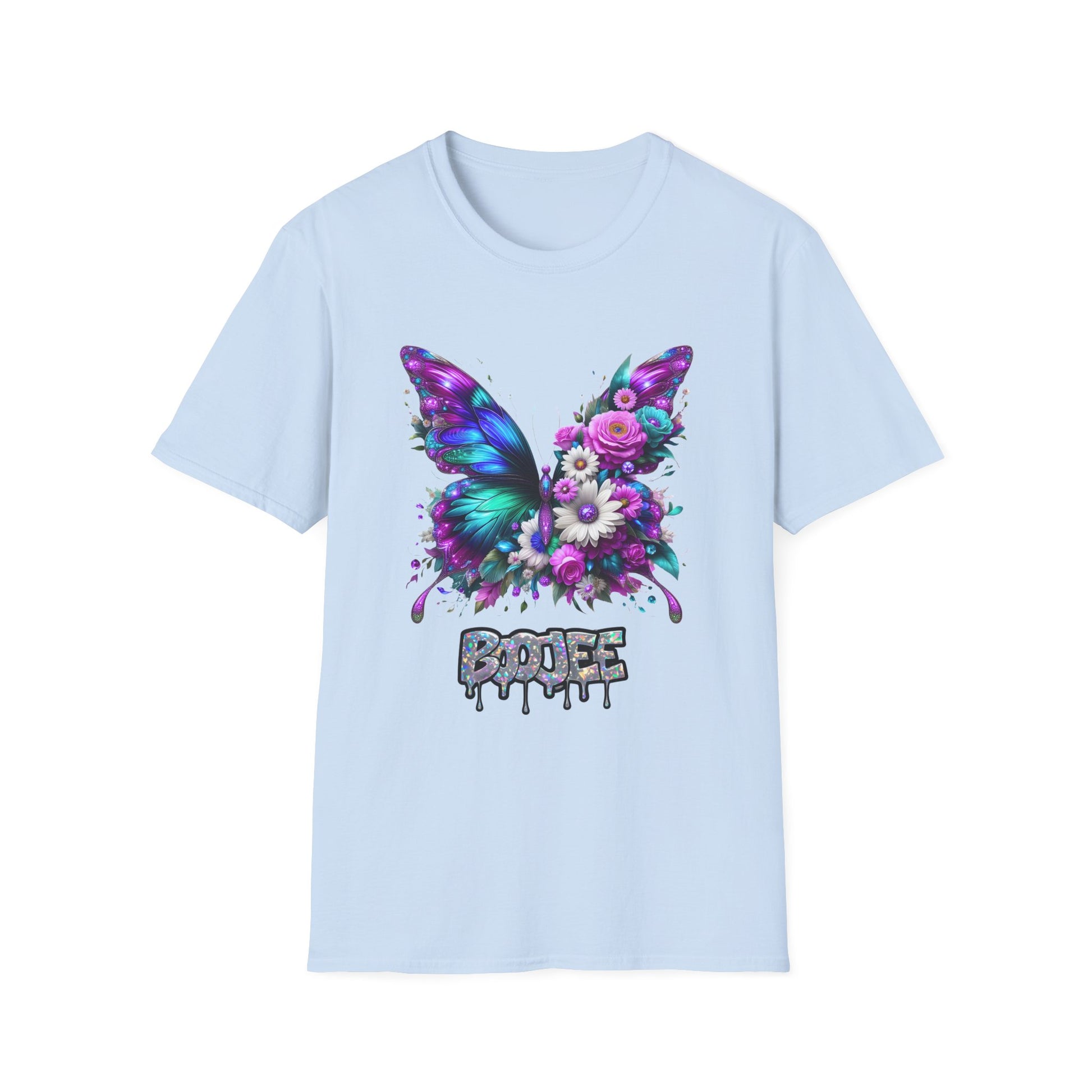 Light blue t-shirt with a colorful butterfly and floral design on a white background