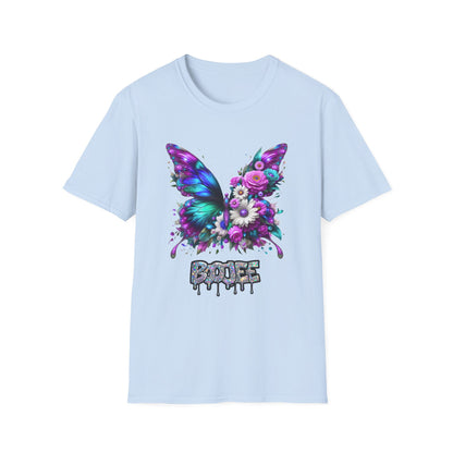 Light blue t-shirt with a colorful butterfly and floral design on a white background