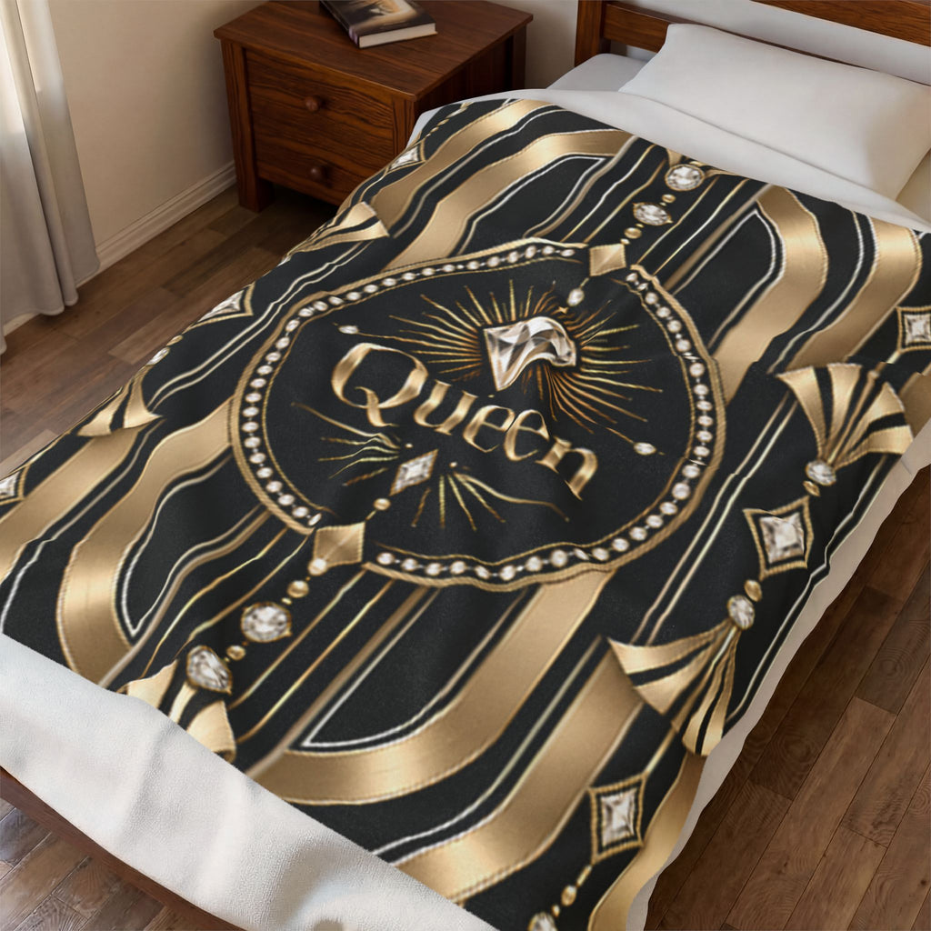 A black and gold patterned blanket featuring the word 'Queen' in an ornate crest with diamond motifs, shown on a bed in a bedroom setting.