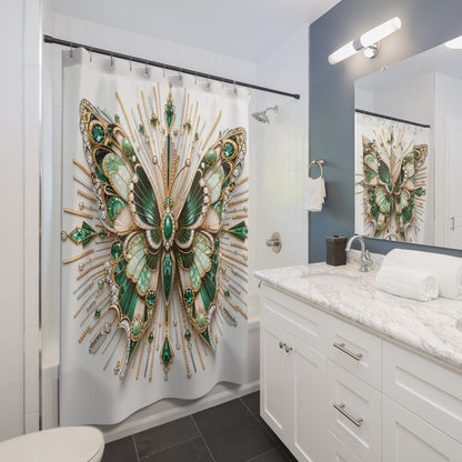 A white shower curtain featuring a large ornate butterfly design with green, gold, and cream details, hanging in a modern white and blue bathroom with a marble vanity and mirror.