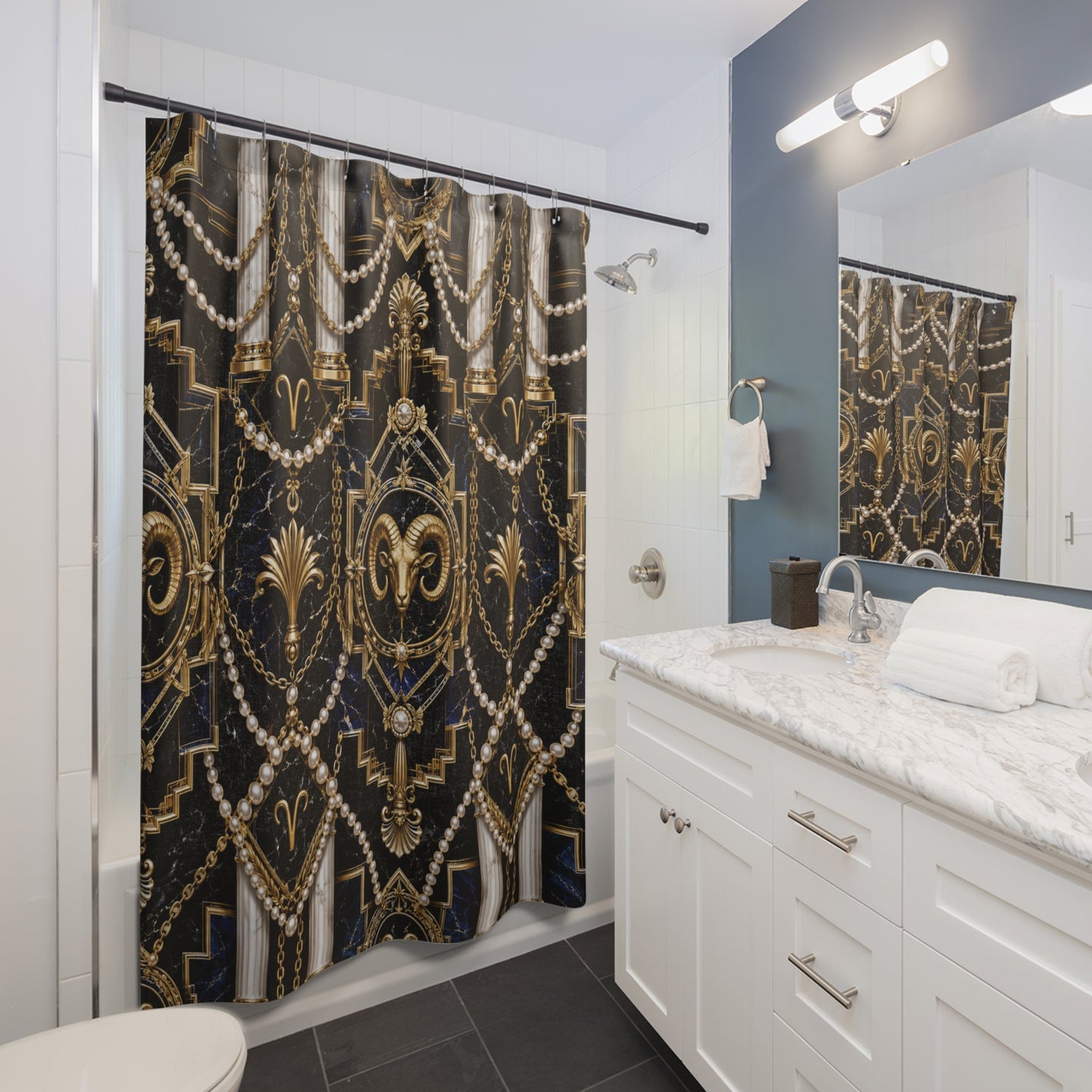 Bathroom with a decorative shower curtain with gold and pear Aries zodiac pattern on a black background 